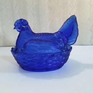 Vintage 6" Cobalt Blue Chicken Candy Dish